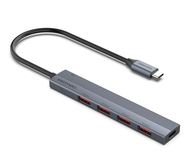 Vention® USB-C to USB 3.2 Gen 2 Type-A x 4 Mini Hub with USB-C Power Supply Port 0.15M Gray (CKHHB)